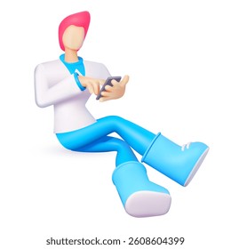 3D man touching smartphone screen. Online working and shopping. Web communication
