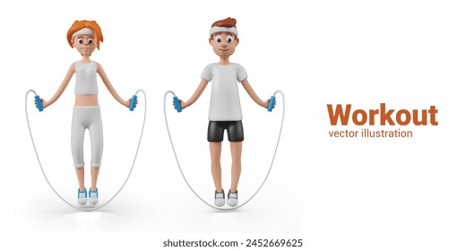 3D man and woman jumping rope. Vector male and female character training, skipping