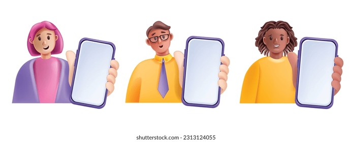 3D man woman smartphone hold set, smiling vector cartoon character with phone, digital SMM manager. Male businessman with cellphone device screen social media concept. Guy girl hold smartphone clipart