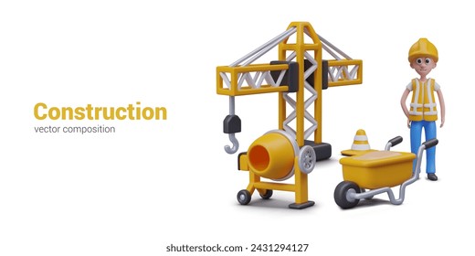 3D man in work uniform stands near lifting crane, wheelbarrow, concrete mixer, signal cone