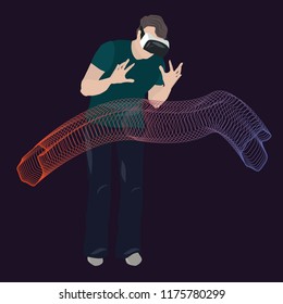 3d. A man, a young man in virtual reality builds.