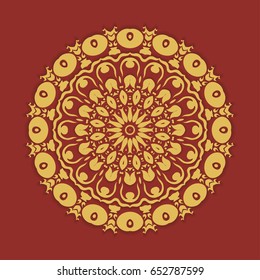 3d mandala ornament, tribal ethnic motif, gold on dark red background. Isolated doodle element for brochure, invitation card, logo, monogram, emblem, line icon. Golden sticker, tattoo, magic symbol