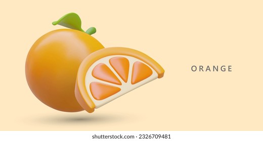 3D mandarin whole and cut. Ripe summer fruit, ready to eat. Slice of juicy orange. Time to enjoy natural vitamin sweets. Vector poster in cartoon style