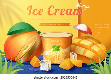 3d mango ice cream ad. Refreshing ice cream cup with mangoes and ice cubes on blue surface