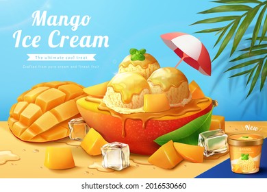 3d mango ice cream ad. Refreshing ice cream on half cut mango displayed with ice cubes and product package design on side