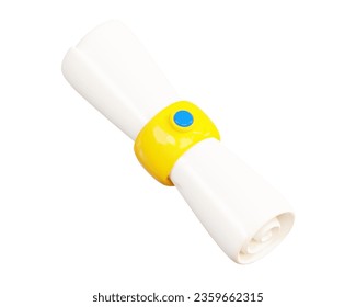 3d manuscript on isolated background. Scroll or letter, parchment, document with yellow band and blue gemstone Stock vector illustration.
