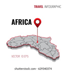 3d Map of Africa. GPS. Navigator pin checking green color on white background. Infographics for your business. Vector illustration