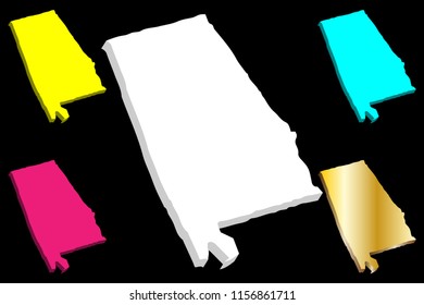 3D map of Alabama (United States of America) - white, yellow, purple, blue and gold - vector illustration