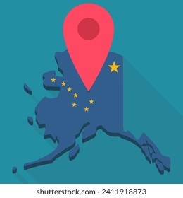 3D map of Alaska in the colors of the flag of the state of Alaska on which a red location marker is placed in flat design style