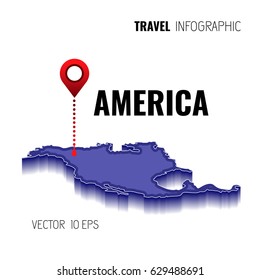 3d Map of America. GPS. Navigator pin checking green color on white background. Infographics for your business. Vector illustration