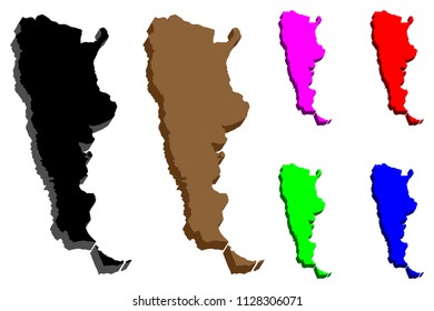 3D map of Argentina (Argentine Republic) - black, red, purple, brown, blue and green - vector illustration