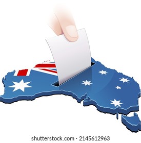 Mapa 3D de Australia con la bandera australiana desplegada en el que una cédula de votación blanca es lanzada por una mano como una urna (cortada)