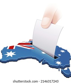 3D map of Australia with the Australian flag displayed in which a white ballot paper is dropped by a hand like a ballot box (cut out)