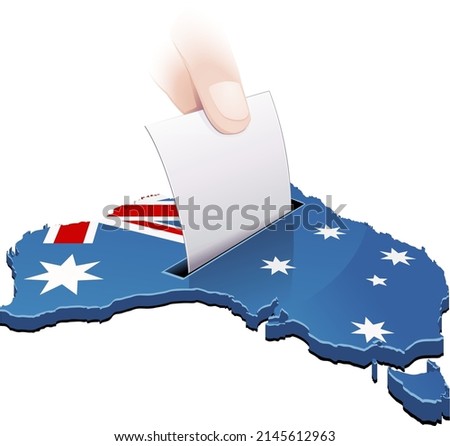 3D map of Australia with the Australian flag displayed in which a white ballot paper is dropped by a hand like a ballot box (cut out)