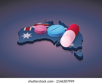 3D map of Australia in the colors of the Australian flag with medicine tablets and capsules on it (cut out)