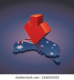 3D map of Australia in the colors of the Australian flag with on it a downward red arrow (dark background)