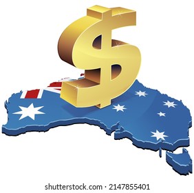 Mapa 3D de Australia en los colores de la bandera australiana con el símbolo del dólar dorado puesto en él (cortado)