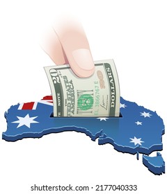 Mapa 3D de Australia con los colores de la bandera australiana con un billete de 20 dólares en la mano (cortado)