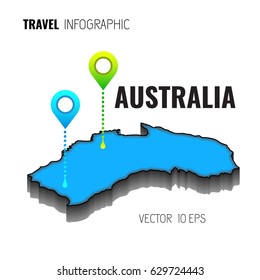 3d Map of Australia. GPS. Navigator pin checking green color on white background. Infographics for your business. Vector illustration