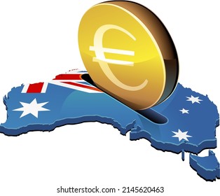 3D map of Australia on which the Australian flag is displayed in which a gold coin with the euro symbol is inserted like a piggy bank (cut out)