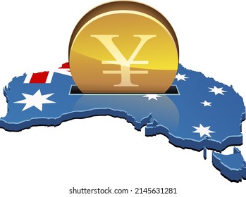 3D-Karte Australiens, auf der die australische Flagge angezeigt wird, in der eine Goldmünze mit dem Symbol des japanischen Yen wie ein Sparschwein eingefügt wird (ausgeschnitten)