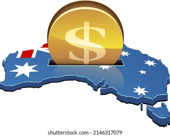 3D map of Australia on which the Australian flag is displayed in which a gold coin with the symbol of the dollar is inserted like a piggy bank (cut out)