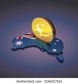 3D map of Australia on which the Australian flag is displayed in which a gold coin with the symbol of the British pound is inserted like a piggy bank (dark background)