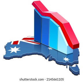 3D map of Australia showing the Australian flag with stat bars and a falling curve on it (cut out)