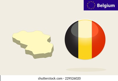 3D Map of Belgium. Vector - Belgium Flag Glossy Button