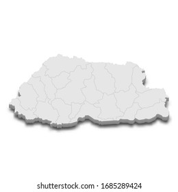 Mapa 3d de Bután con fronteras de regiones