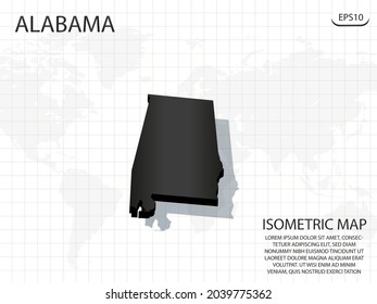 3D Map black of Alabama on world map background .Vector modern isometric concept greeting Card illustration eps 10.