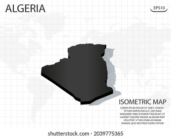 3D Map black of Algeria on world map background .Vector modern isometric concept greeting Card illustration eps 10.