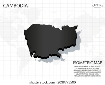 3D Map black of Cambodia on world map background .Vector modern isometric concept greeting Card illustration eps 10.