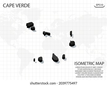 3D Map black of Cape Verde on world map background .Vector modern isometric concept greeting Card illustration eps 10.