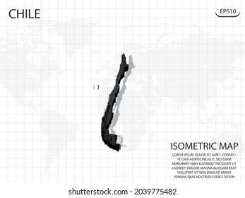 3D Map black of Chile on world map background .Vector modern isometric concept greeting Card illustration eps 10.