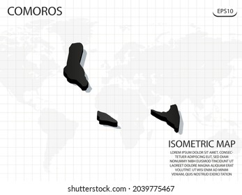 Mapa 3D negro de las Comoras en el fondo del mapa del mundo .Vector concepto isométrico moderno de la ilustración de la tarjeta de saludo eps 10.