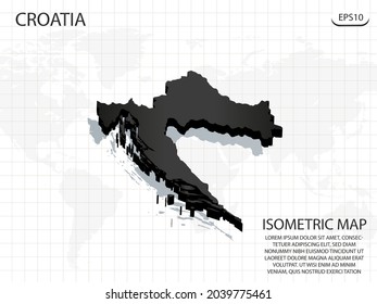 3D Map black of Croatia on world map background .Vector modern isometric concept greeting Card illustration eps 10.