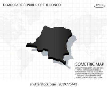 3D Map black of Democratic Republic of the Congo on world map background .Vector modern isometric concept greeting Card illustration eps 10.