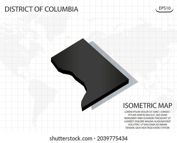 Mapa 3D negro del Distrito de Columbia en el fondo del mapa del mundo .Vector concepto isométrico moderno de la ilustración de la tarjeta de saludo eps 10.