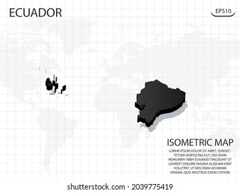 Mapa 3D negro de Ecuador en el fondo del mapa del mundo .Vector concepto isométrico moderno de la ilustración de la tarjeta de saludo eps 10.