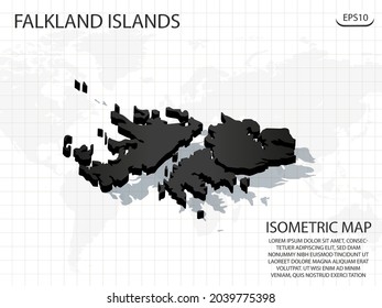 3D Map black of Falkland Islands on world map background .Vector modern isometric concept greeting Card illustration eps 10.