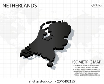 3D Map black of Netherlands on world map background .Vector modern isometric concept greeting Card illustration eps 10.