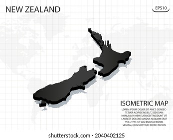 3D Map black of New Zealand on world map background .Vector modern isometric concept greeting Card illustration eps 10.