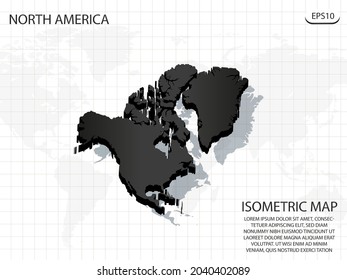 Mapa 3D negro de Norteamérica en el fondo del mapa del mundo .Vector concepto isométrico moderno de la ilustración de la tarjeta de saludo eps 10.