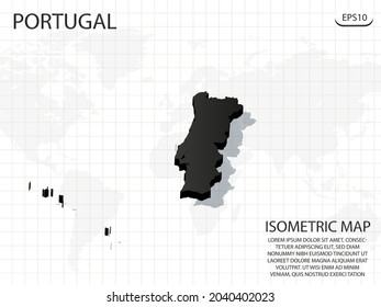 Mapa 3D negro de Portugal sobre el fondo del mapa del mundo .Vector concepto isométrico moderno de la ilustración de la tarjeta de felicitación eps 10.