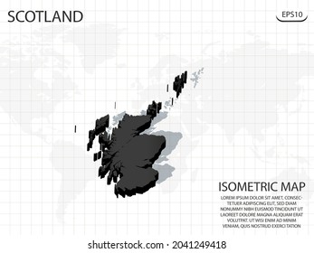 3D Map black of Scotland on world map background .Vector modern isometric concept greeting Card illustration eps 10.