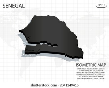 3D Map black of Senegal on world map background .Vector modern isometric concept greeting Card illustration eps 10.