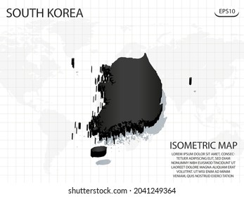 3D Map black of South Korea on world map background .Vector modern isometric concept greeting Card illustration eps 10.