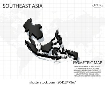 3D Map Black Of Southeast Asia On World Map Background .Vector Modern Isometric Concept Greeting Card Illustration Eps 10.