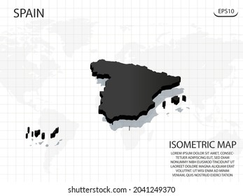 3D Map black of Spain on world map background .Vector modern isometric concept greeting Card illustration eps 10.